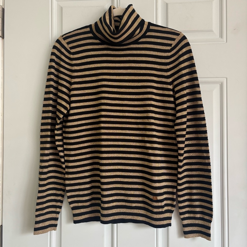 NWT Lauren Ralph Lauren Black and Gold Striped Turtleneck, Size Petite Large